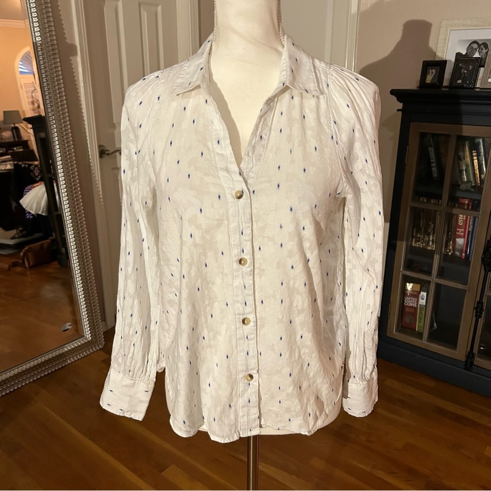 Hatley White Button Up with Blue Dot Print Women’s Small